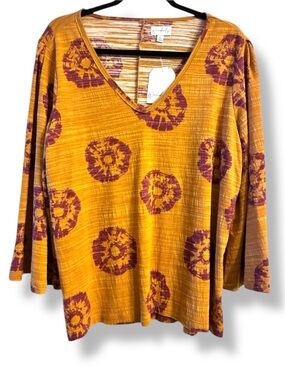 🌼 NWT Wonderly Mustard & Plum Dot Top | XL | 3/4 Bell Sleeve Boho